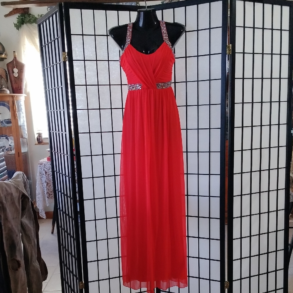 City Triangles Orange Pleated Halter Gown